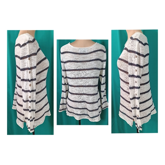 Habitat Clothes To Live In Sz S Striped Button Sleeve Cotton Knit Sweater - Picture 2 of 7